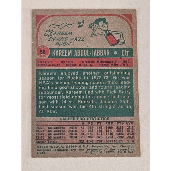 1973-74 Topps  KAREEM  ABDUL-JABBAR  Basketball Card  #50 (Hall Of Fame Legend) - Picture 2 of 2